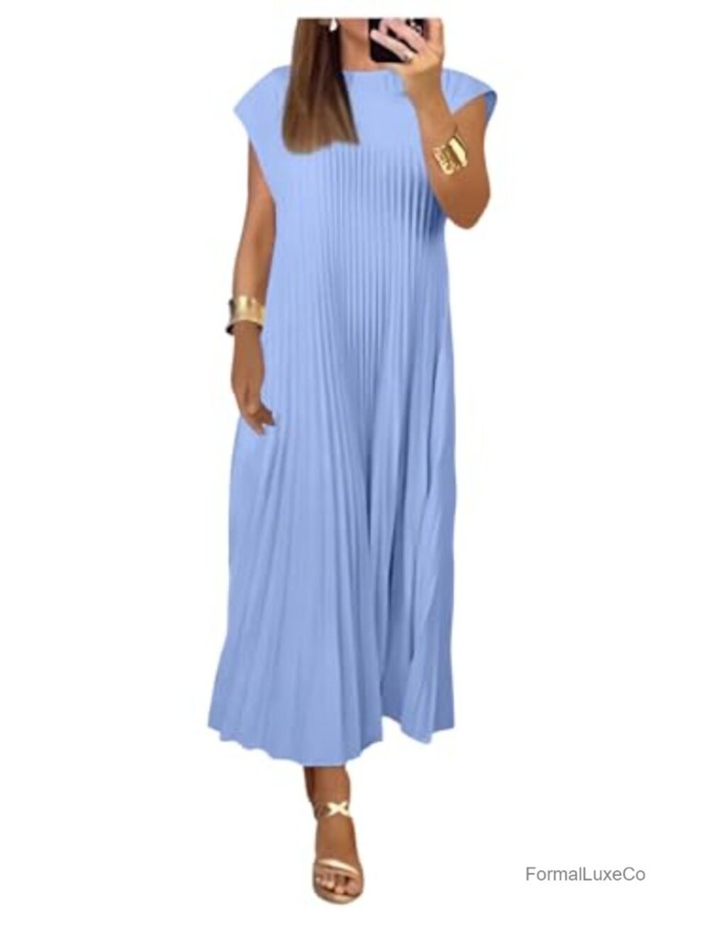 Women's Pleated Maxi Dress Cap Sleeve Crew Neck Loose Fit Casual Wedding Guest